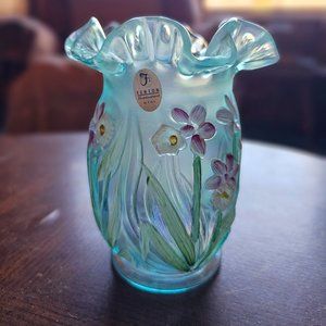 Fenton Glass Light Blue Iridescent Ruffled Rim Vase Hand